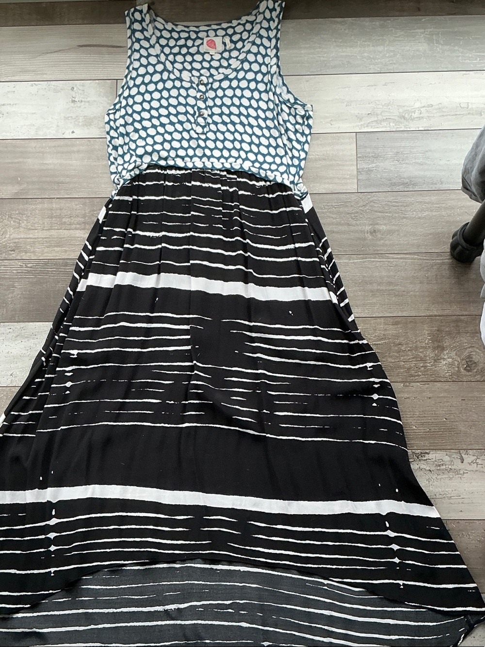 Anthropologie Blue Polka Dot & Black Striped High-Low Maxi Dress L